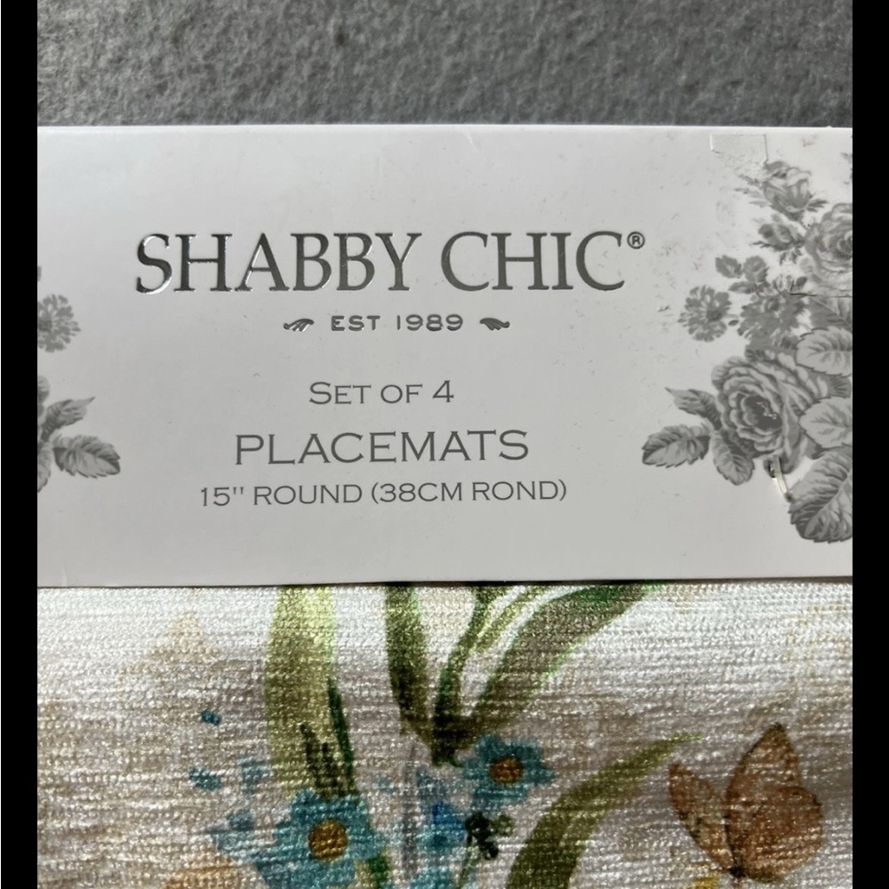 NEW Shabby Chic Set of 4 Placemat 15" Round Rabbit Bunny Floral Yellow Blue Pink - Picture 2 of 5
